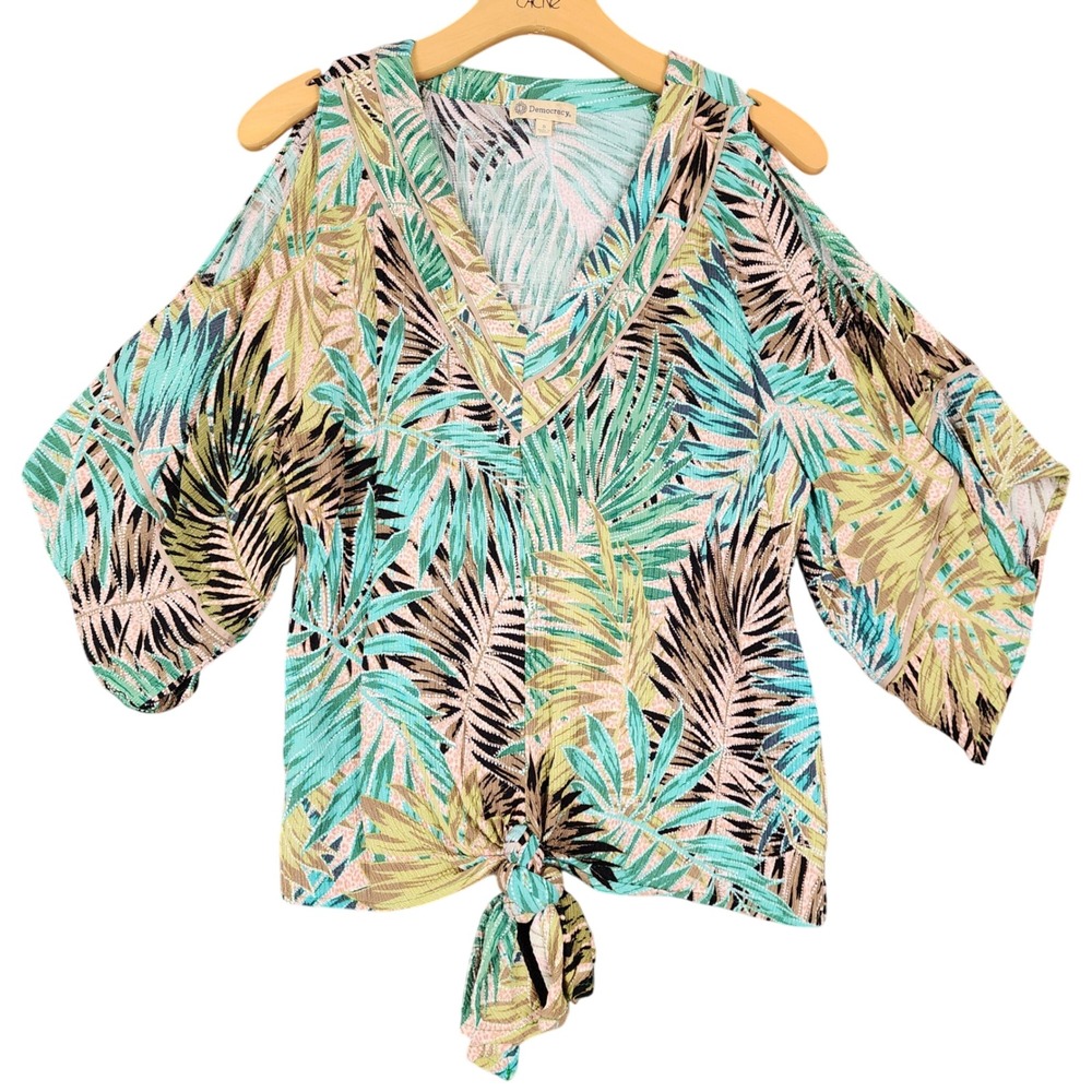 Democracy Tropical Leaf Print Cold Shoulder Tie Frontβ Blouse Size S